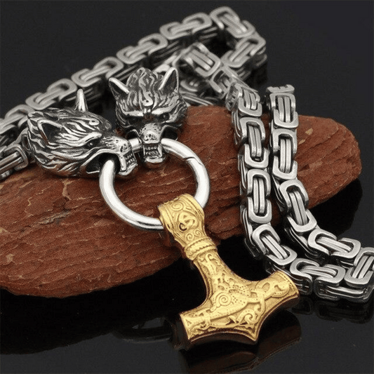 Wolfsköpfe und Mjolnir - Symbolische Halskette oder Armband für Männer
