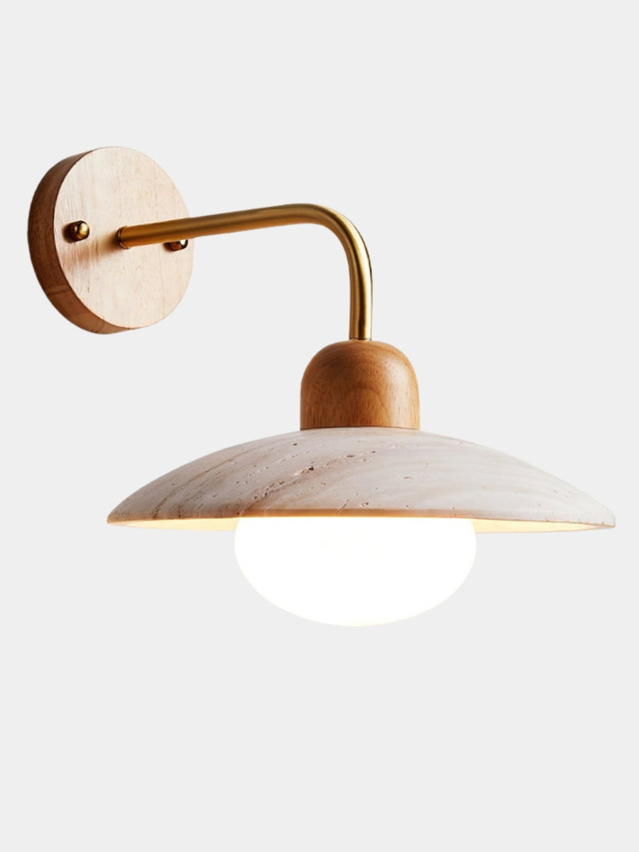 Moderne Travertin Wandleuchte – Scheibenform mit Holz- und Metallelementen