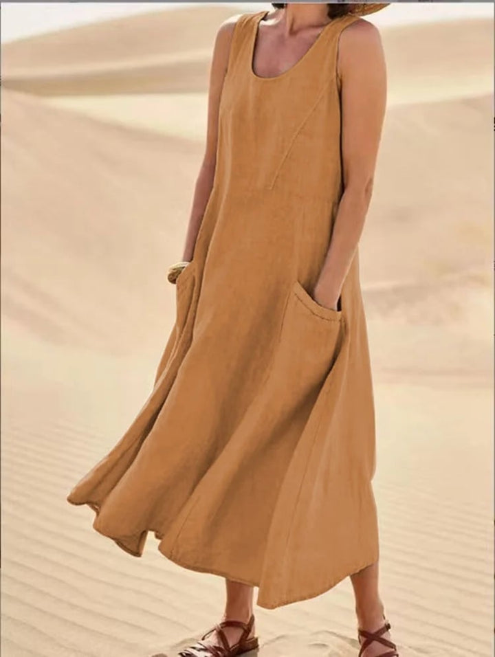 Women’s Sleeveless Cotton Linen Dress with Pockets