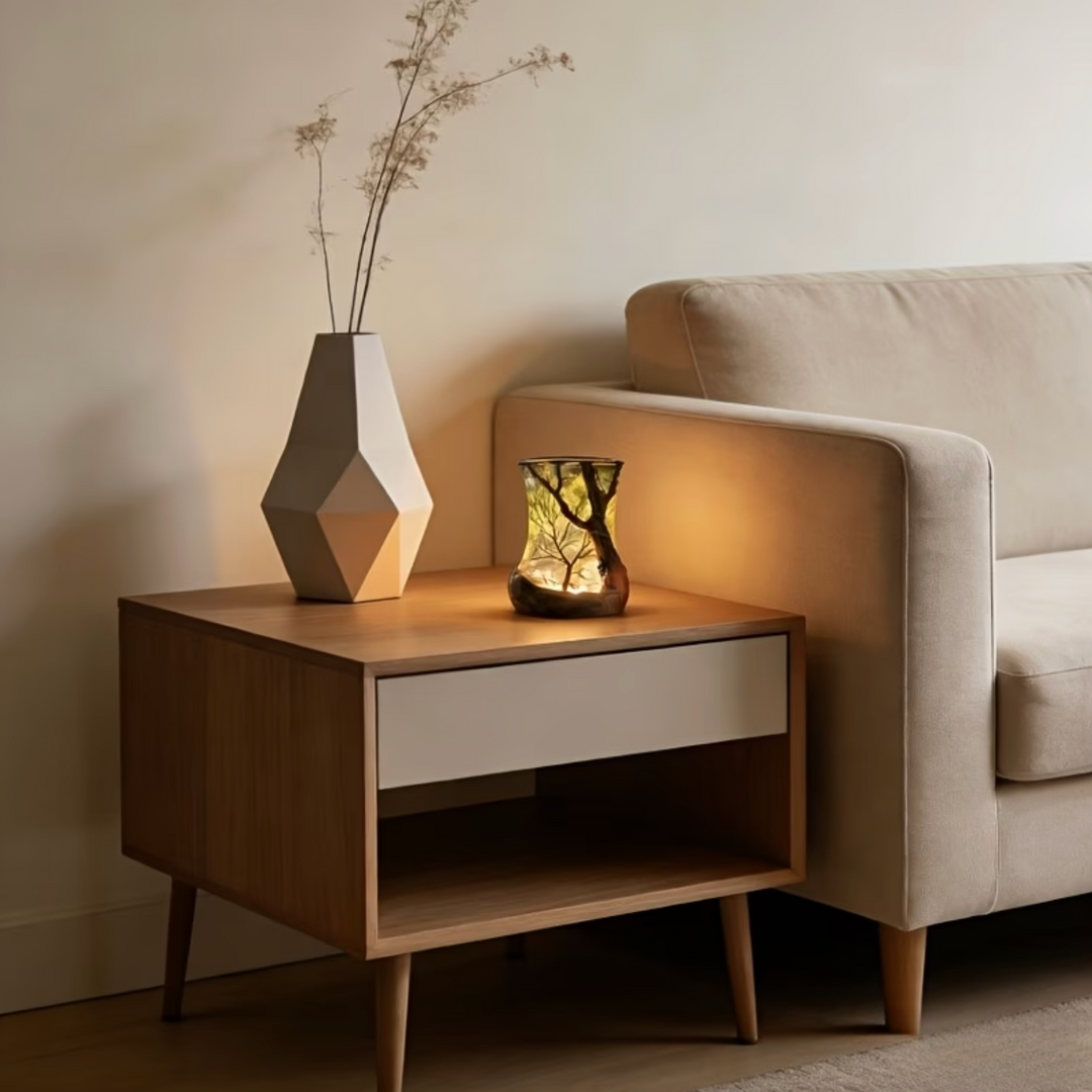 Tischlampe mit Baumzweigmotiv und warmem LED-Licht im Innenraum