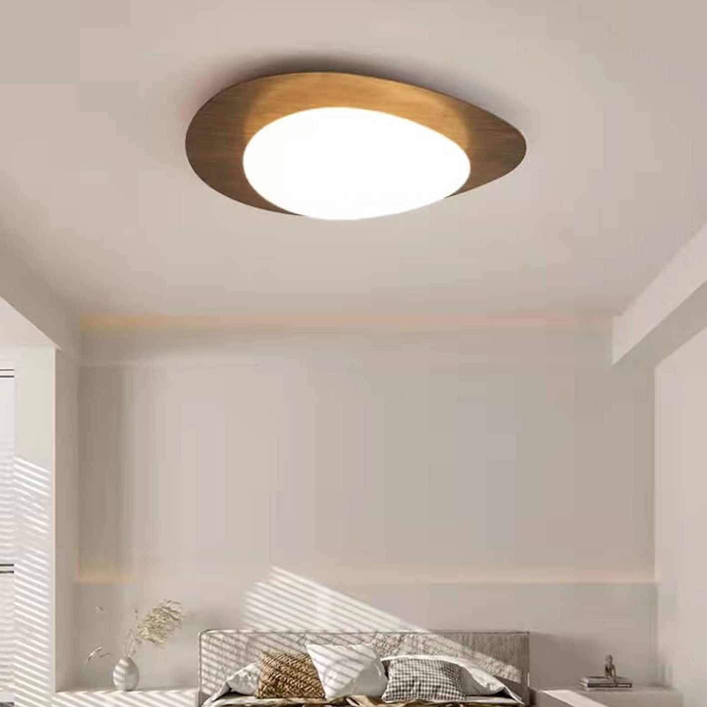 Ovale LED Deckenleuchte in Holzoptik im nordischen Stil