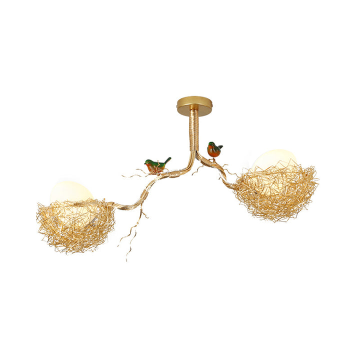 Pendelleuchte mit Milchglas-Kugeln, Vögeln und Nest-Detail