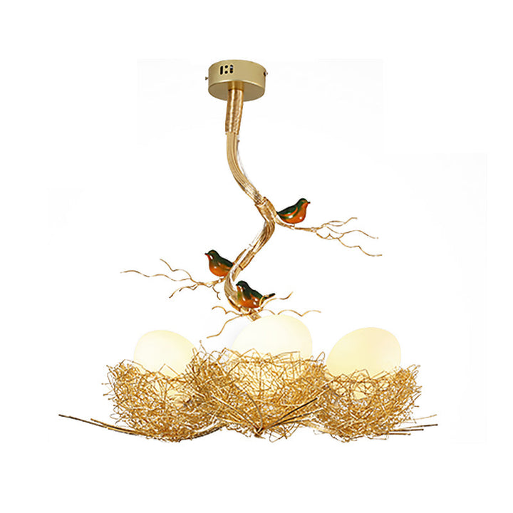 Pendelleuchte mit Milchglas-Kugeln, Vögeln und Nest-Detail
