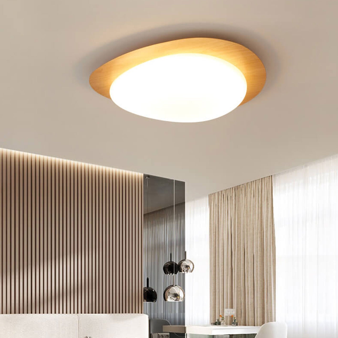 Ovale LED Deckenleuchte in Holzoptik im nordischen Stil