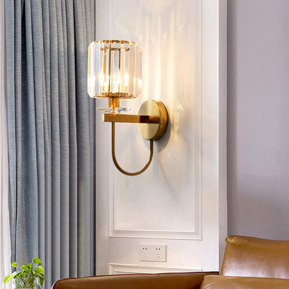 Cylindrical Crystal Wall Lighting Postmodern 1 Head Gold Finish Sconce with Curved Arm Gold Clearhalo 'Cast Iron' 'Glass' 'Industrial' 'Modern wall lights' 'Modern' 'Tiffany' 'Traditional wall lights' 'Wall Lamps & Sconces' 'Wall Lights' Lighting' 2327275