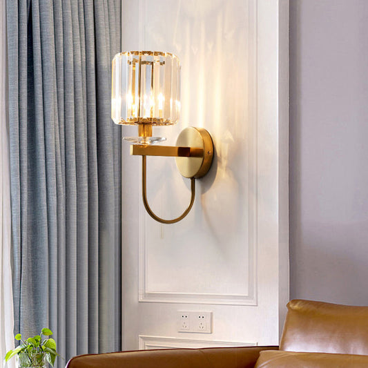 Cylindrical Crystal Wall Lighting Postmodern 1 Head Gold Finish Sconce with Curved Arm Gold Clearhalo 'Cast Iron' 'Glass' 'Industrial' 'Modern wall lights' 'Modern' 'Tiffany' 'Traditional wall lights' 'Wall Lamps & Sconces' 'Wall Lights' Lighting' 2327275