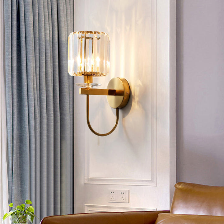 Cylindrical Crystal Wall Lighting Postmodern 1 Head Gold Finish Sconce with Curved Arm Gold Clearhalo 'Cast Iron' 'Glass' 'Industrial' 'Modern wall lights' 'Modern' 'Tiffany' 'Traditional wall lights' 'Wall Lamps & Sconces' 'Wall Lights' Lighting' 2327275