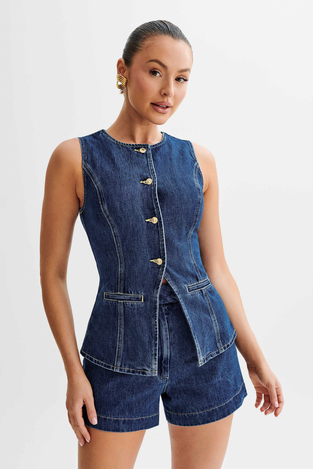 Damen Denim Set Mit Knopfleiste Und Strukturierter Silhouette
