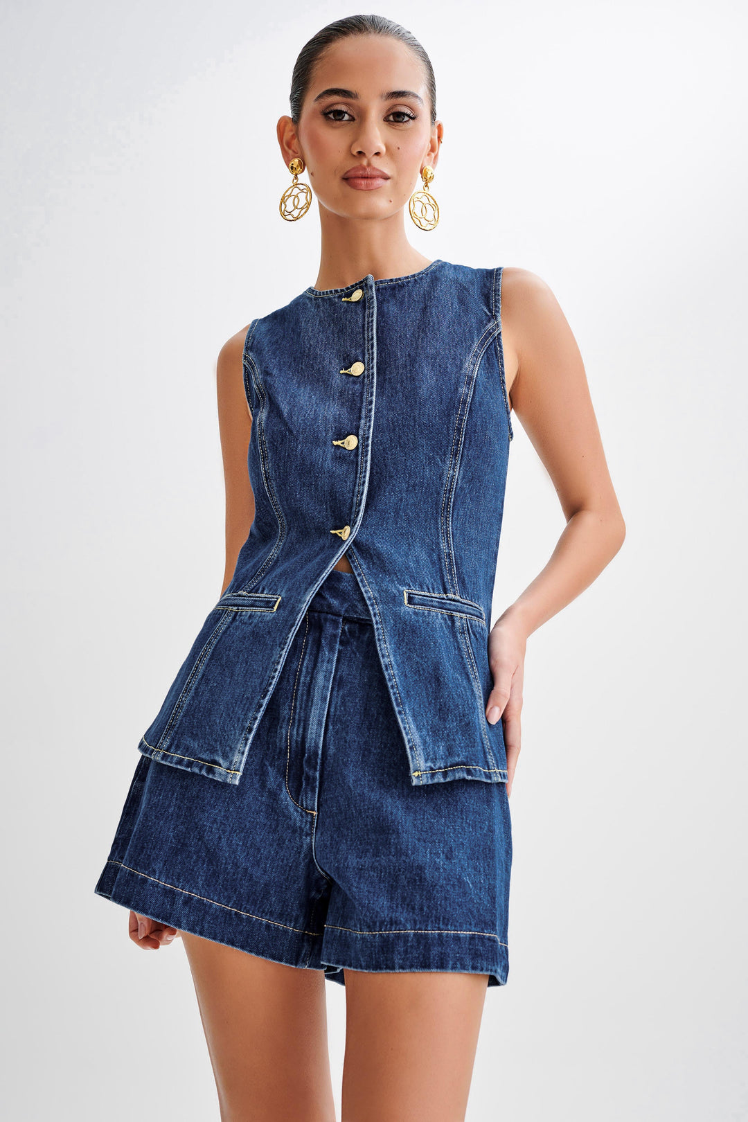 Damen Denim Set Mit Knopfleiste Und Strukturierter Silhouette