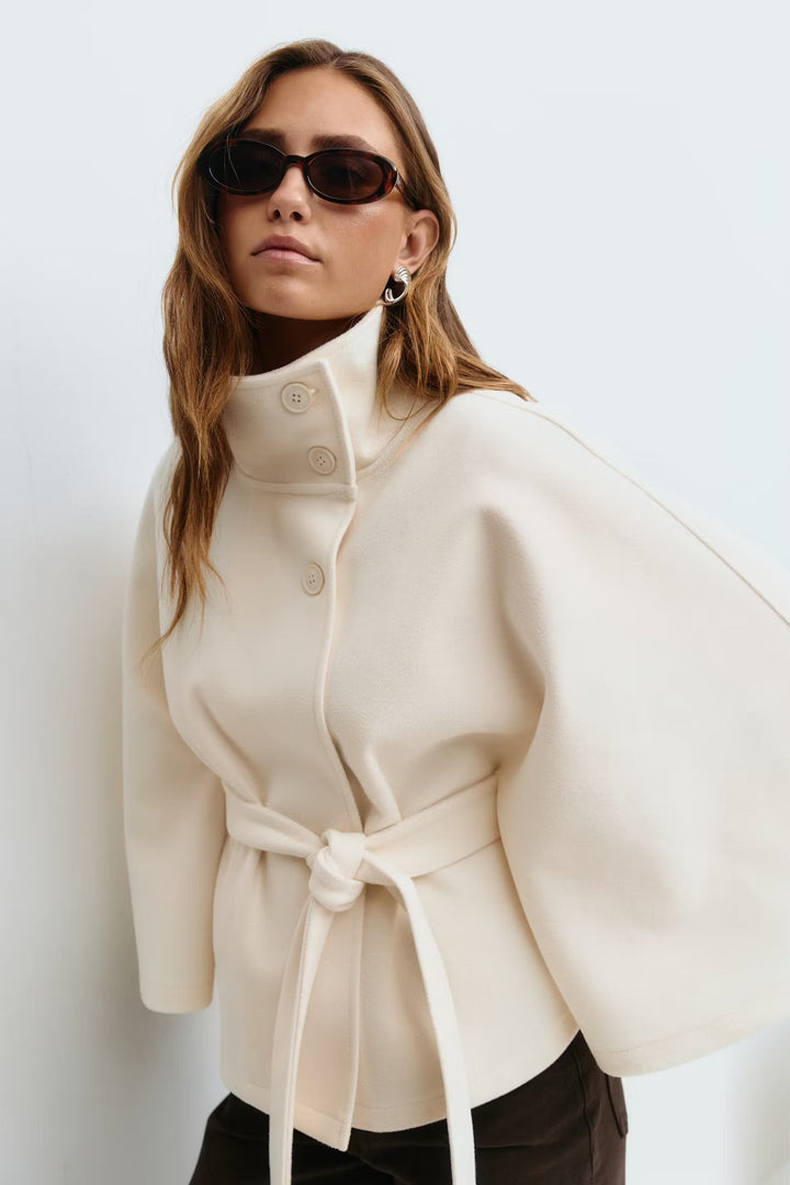 Damen Cape-Mantel Mit Gürtel Und Hohem Kragen