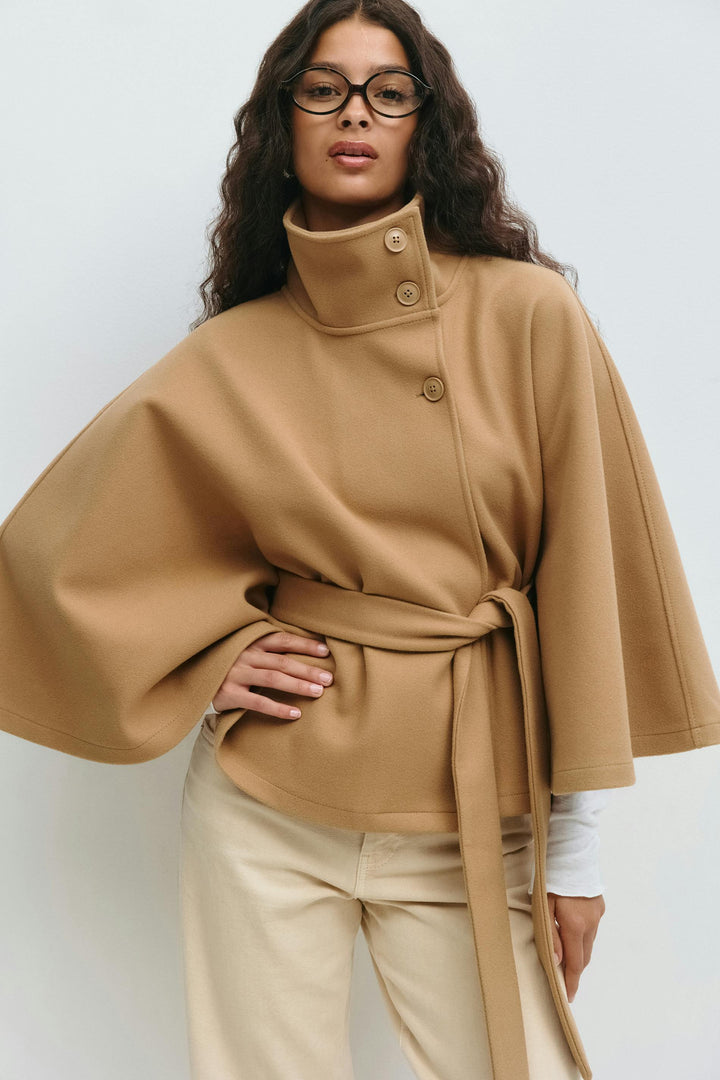 Damen Cape-Mantel Mit Gürtel Und Hohem Kragen