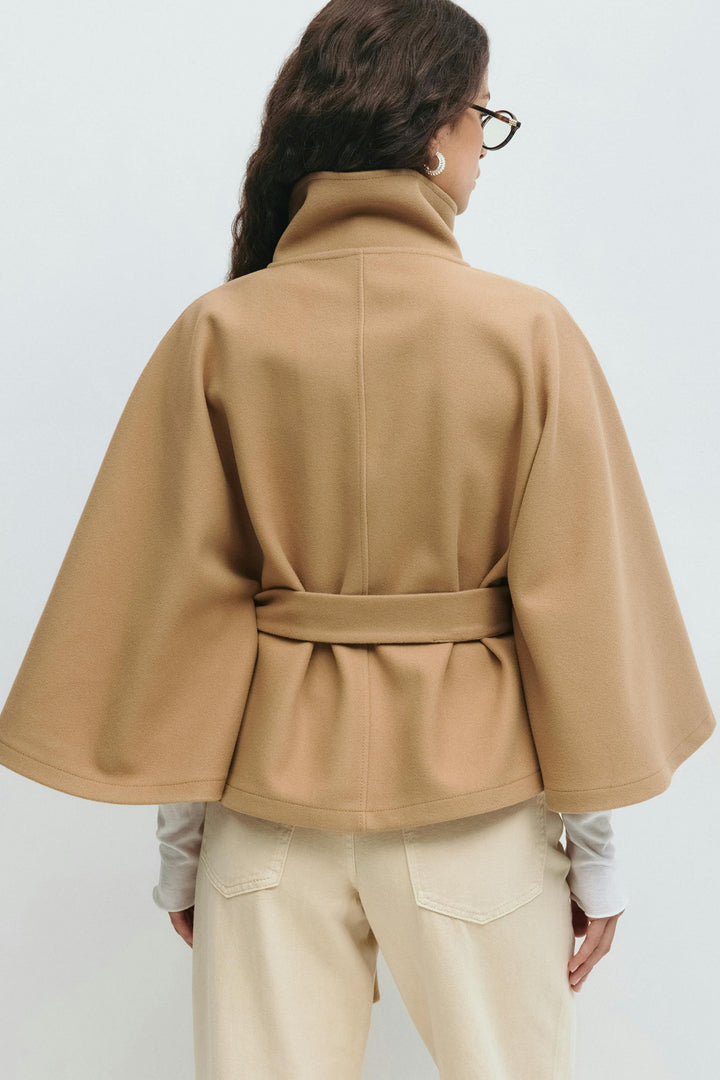 Damen Cape-Mantel Mit Gürtel Und Hohem Kragen