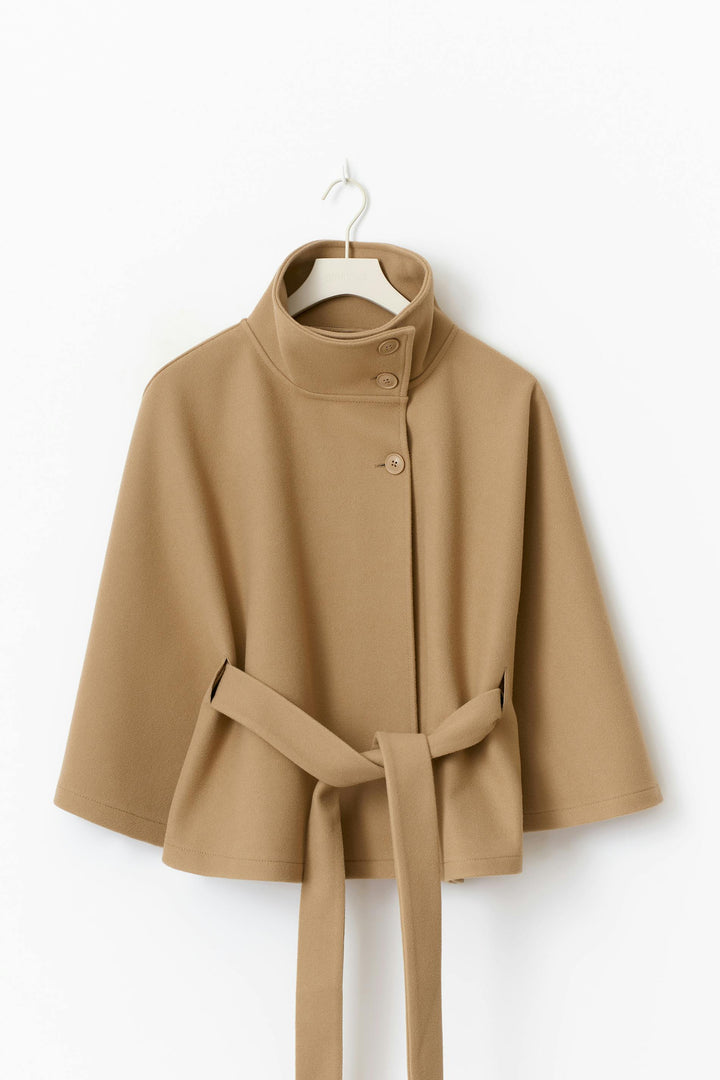 Damen Cape-Mantel Mit Gürtel Und Hohem Kragen
