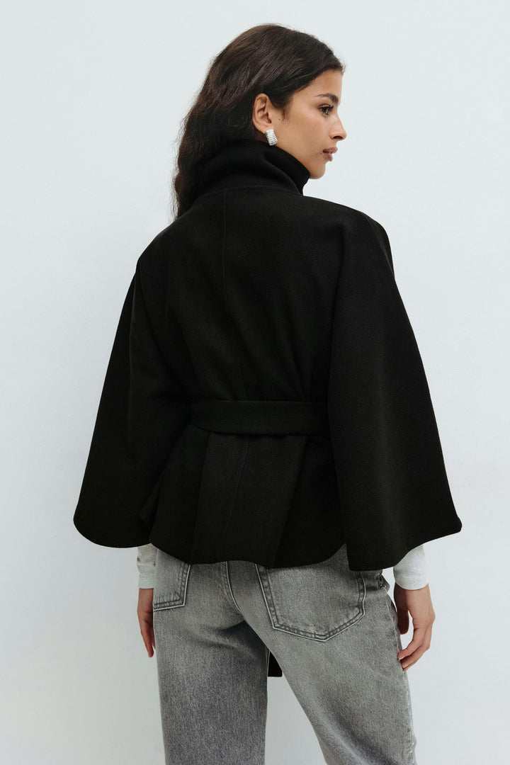 Damen Cape-Mantel Mit Gürtel Und Hohem Kragen