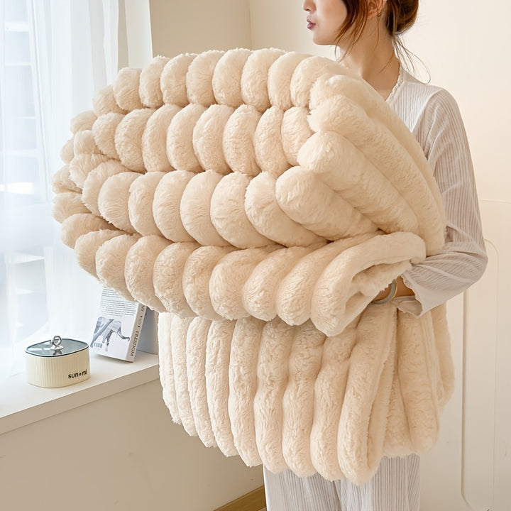 Streifen-Flanellkuscheldecke mit Kunstfell und Kordelzug