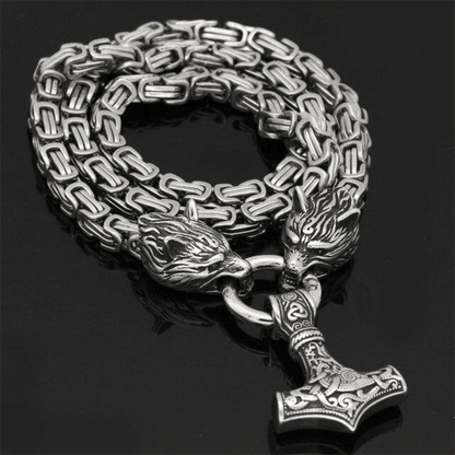 Wolfsköpfe und Mjolnir - Symbolische Halskette oder Armband für Männer