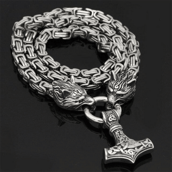 Wolfsköpfe und Mjolnir - Symbolische Halskette oder Armband für Männer