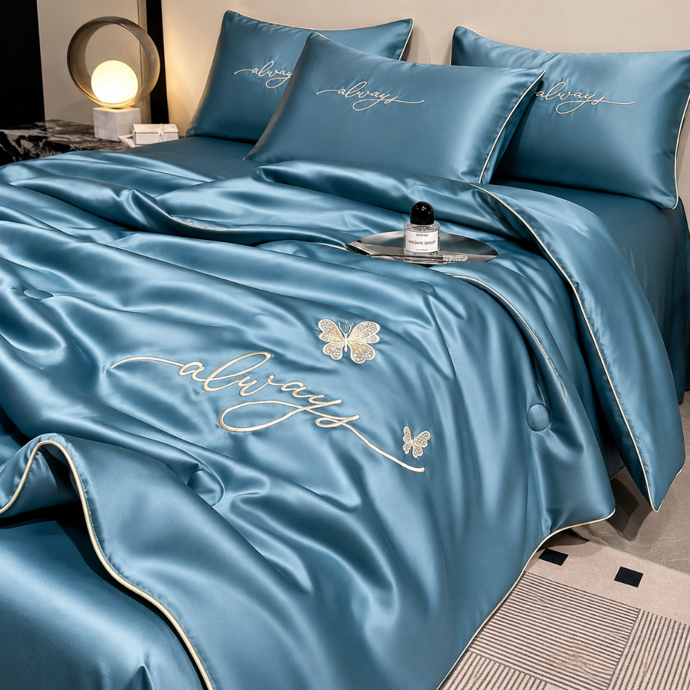 Atmungsaktive Sommerdecke in heller Farbe locker über dem Bett drapiert