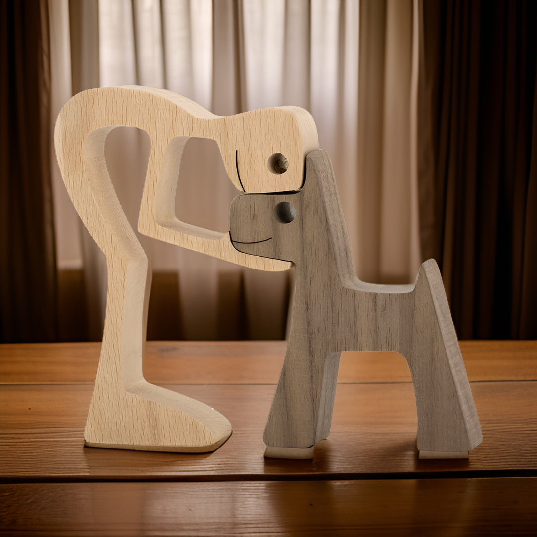 Holzskulptur Hund und Mensch handgefertigte Figurine