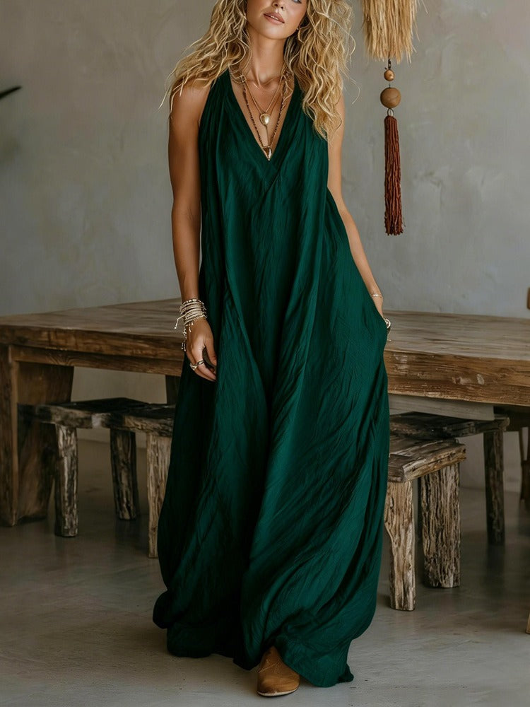 Women’s Sleeveless Pleated V-Neck Solid Maxi Dress