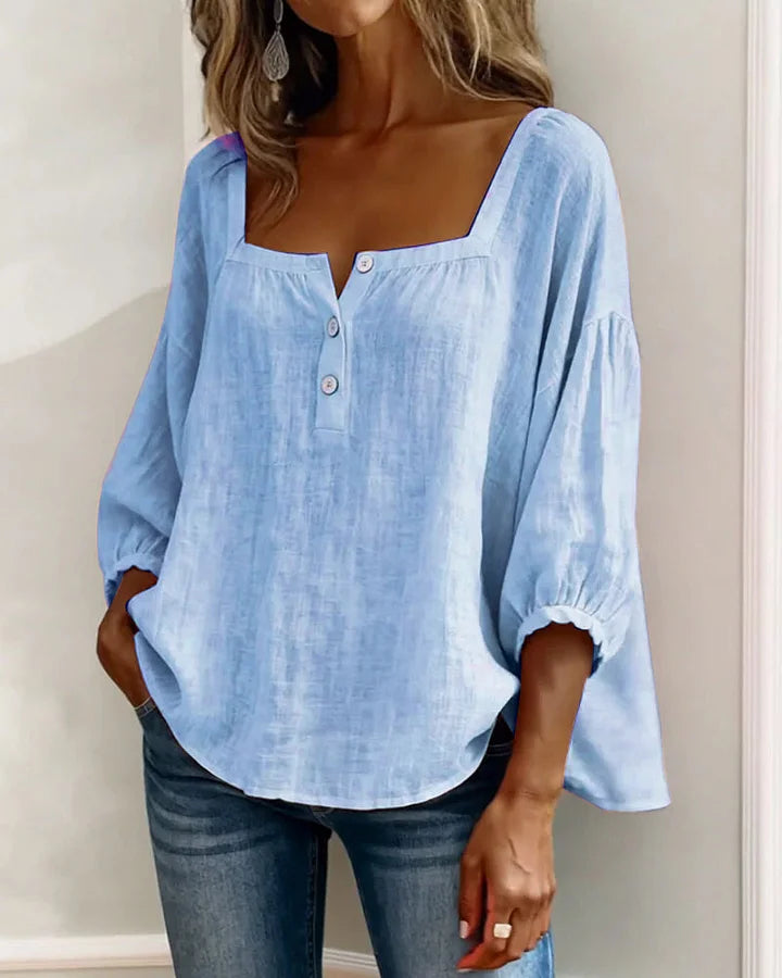 Cotton Blouse with Square Neckline and Long Sleeves