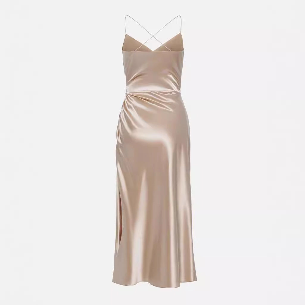 Women’s Satin Cocktail Dress with Draped Side Slit