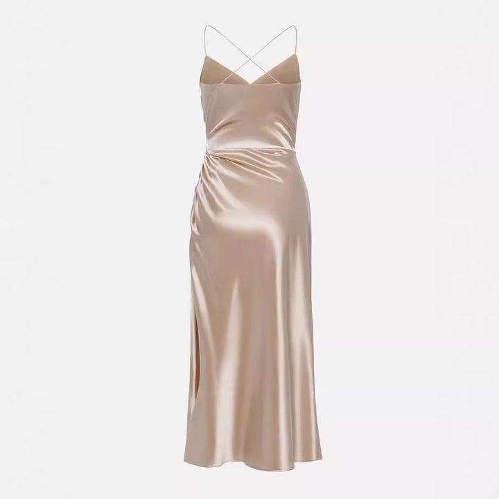 Women’s Satin Cocktail Dress with Draped Side Slit