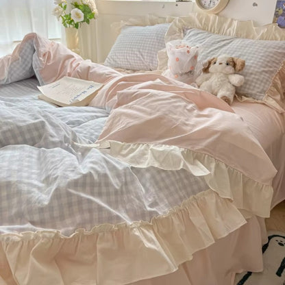 Bettwäsche Set kariert – Gingham Muster mit Rüschenkanten