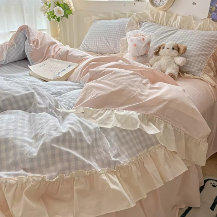 Bettwäsche Set kariert – Gingham Muster mit Rüschenkanten