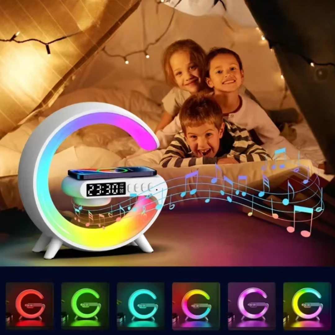 Multifunktionale Tischlampe mit Wecker, Bluetooth und kabelloser Ladestation