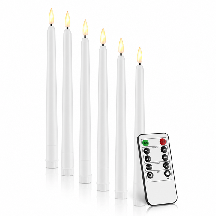 Mehrere dimmbare LED-Spitzkerzen auf einem festlich gedeckten Tisch