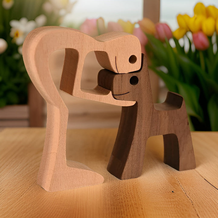 Holzskulptur Hund und Mensch handgefertigte Figurine