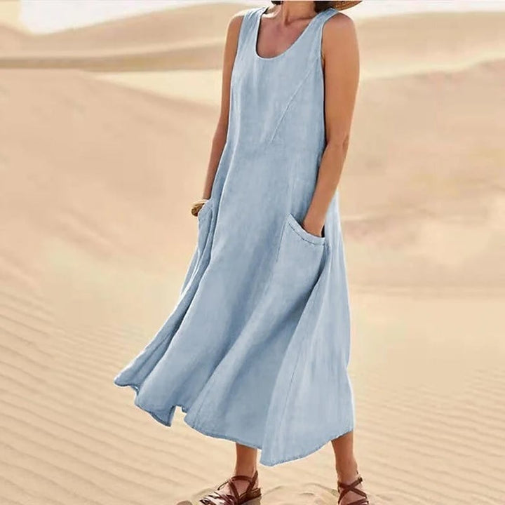 Women’s Sleeveless Cotton Linen Dress with Pockets