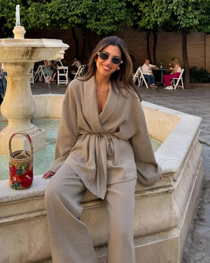 Damen Zweiteiliges Leinen Set Mit Bindegürtel