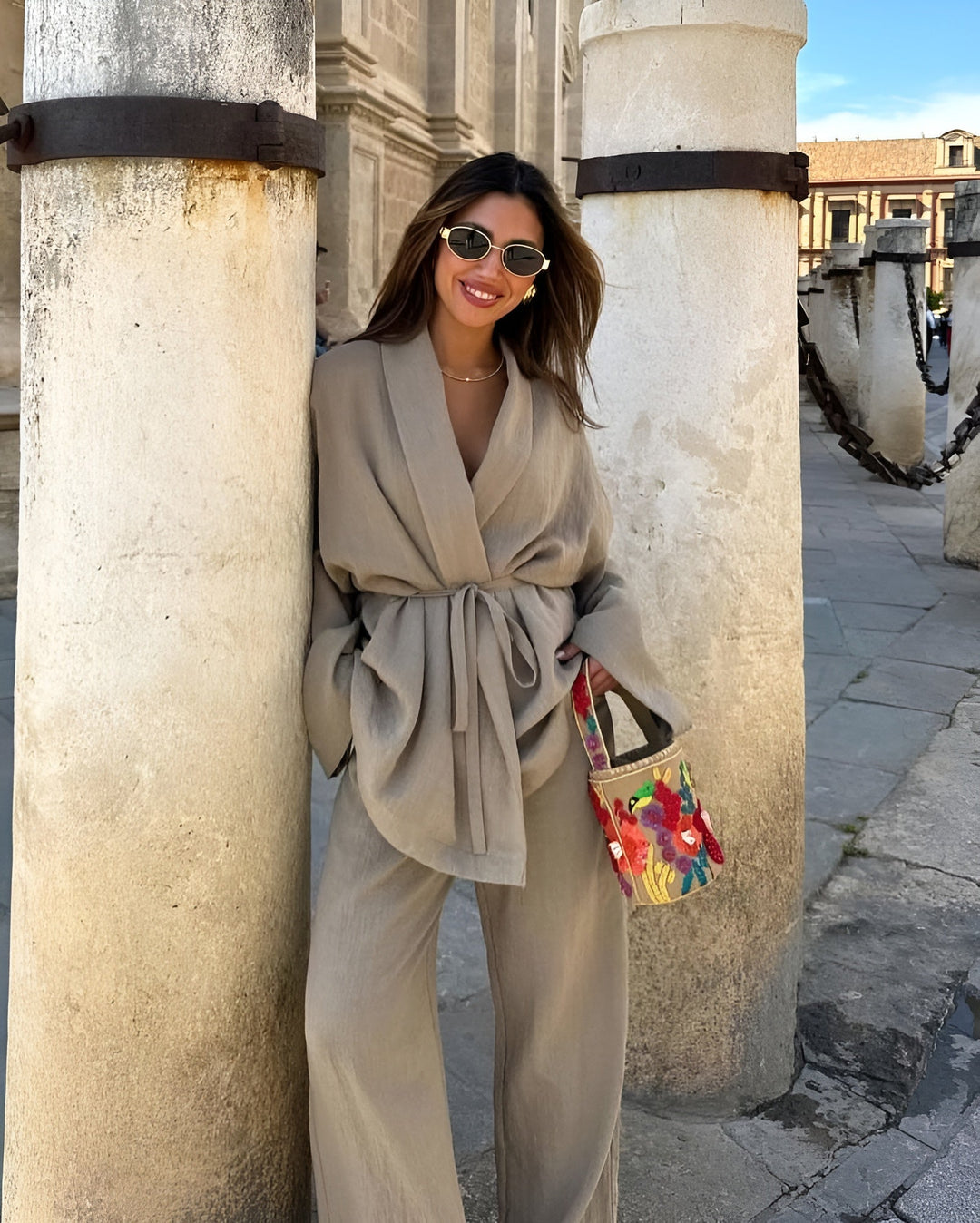 Damen Zweiteiliges Leinen Set Mit Bindegürtel