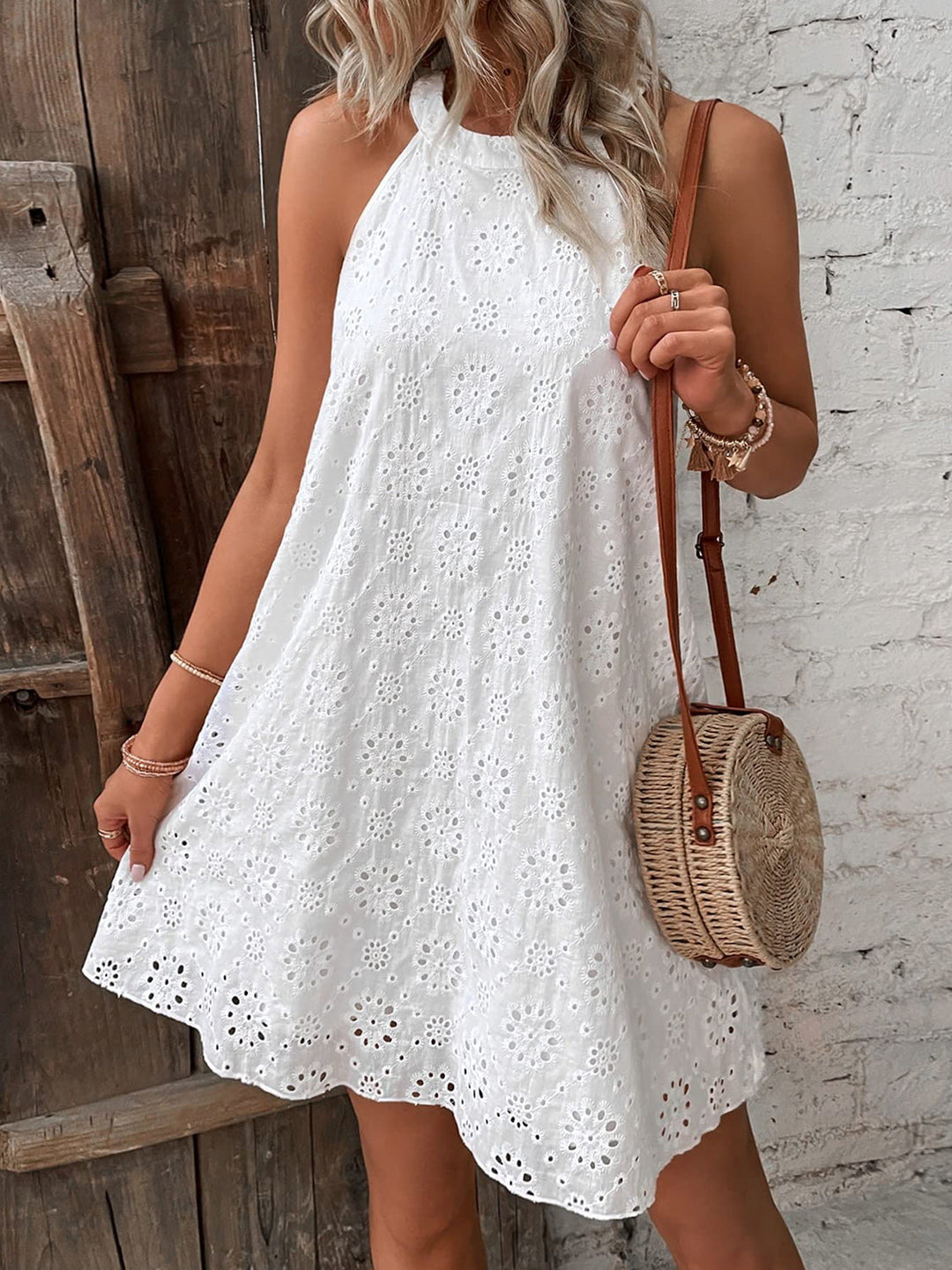 Eyelet Grecian Neckline Mini Dress