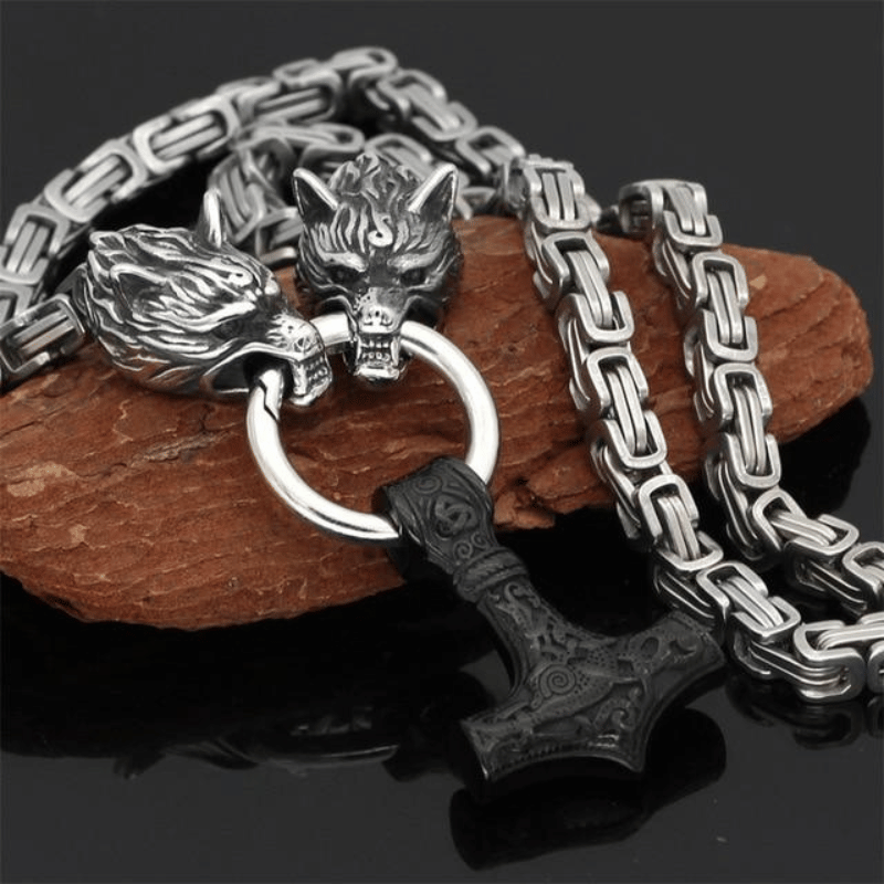 Wolfsköpfe und Mjolnir - Symbolische Halskette oder Armband für Männer