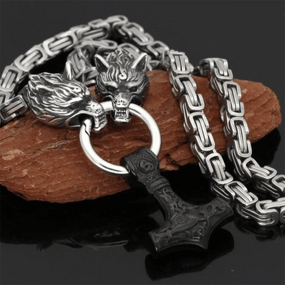 Wolfsköpfe und Mjolnir - Symbolische Halskette oder Armband für Männer