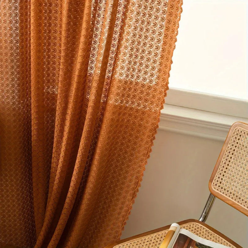 Boho Häkelvorhang – Tüllvorhang mit Karomuster in warmem Orange