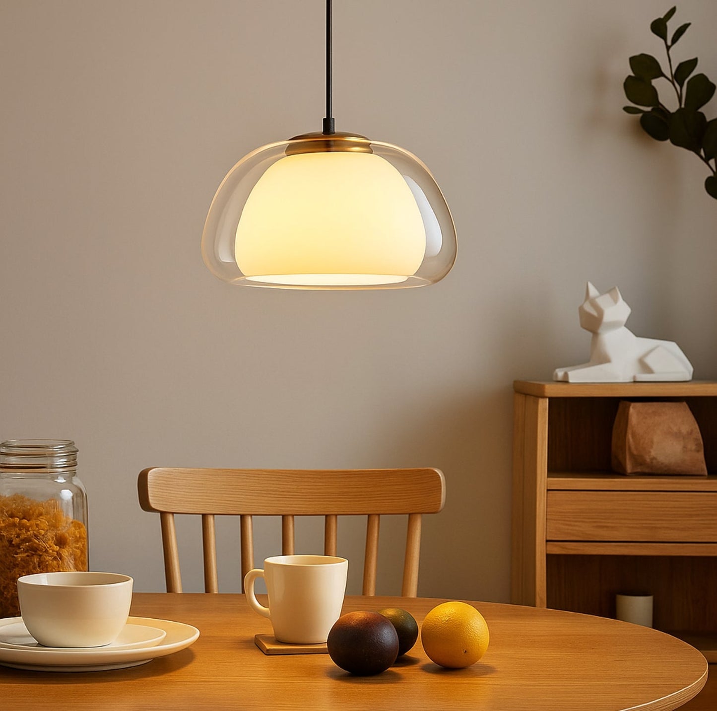 Glas Pendelleuchte mit weißem Schirm und Diffusor
