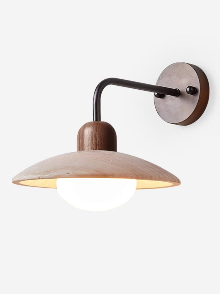 Moderne Travertin Wandleuchte – Scheibenform mit Holz- und Metallelementen