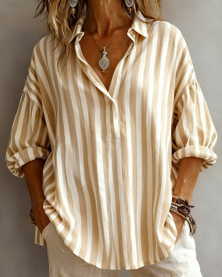 Loose-Fitting Striped Collared Blouse for Women