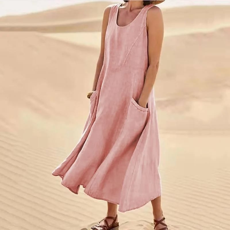 Women’s Sleeveless Cotton Linen Dress with Pockets