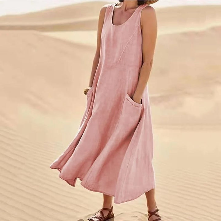 Women’s Sleeveless Cotton Linen Dress with Pockets
