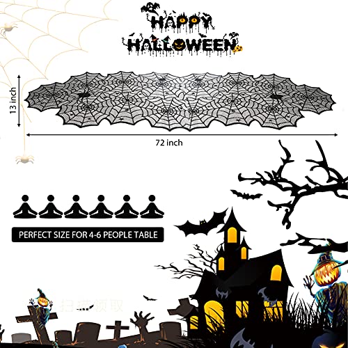 Schwarzer Spitzentischläufer auf einem Holztisch mit Halloween-Dekoration