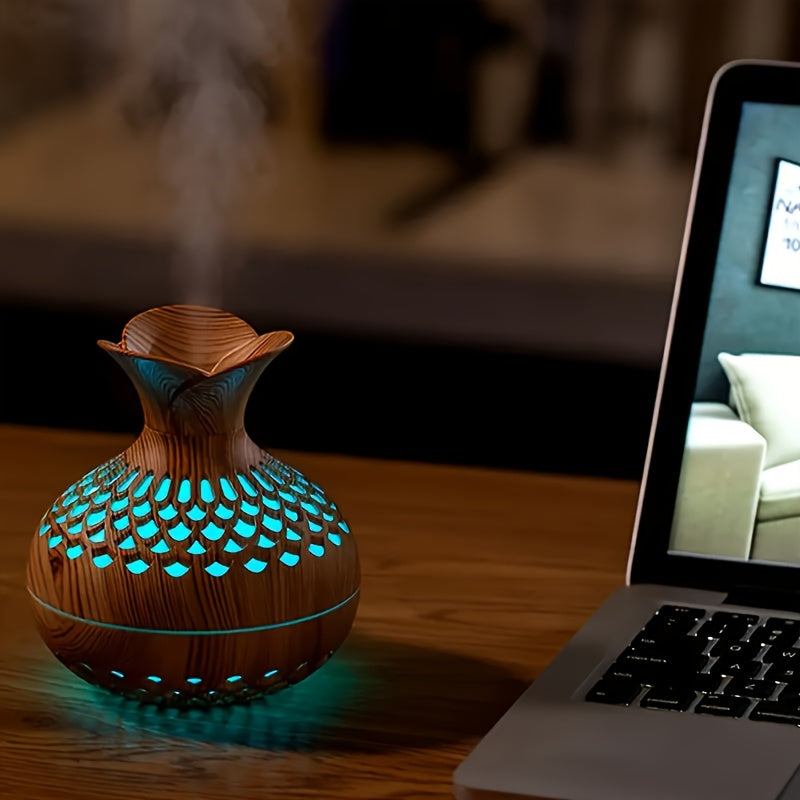 USB Luftbefeuchter mit Lampe – Holzoptik Blütendesign für Zuhause & Büro