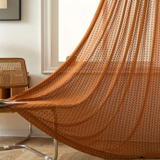 Boho Häkelvorhang – Tüllvorhang mit Karomuster in warmem Orange