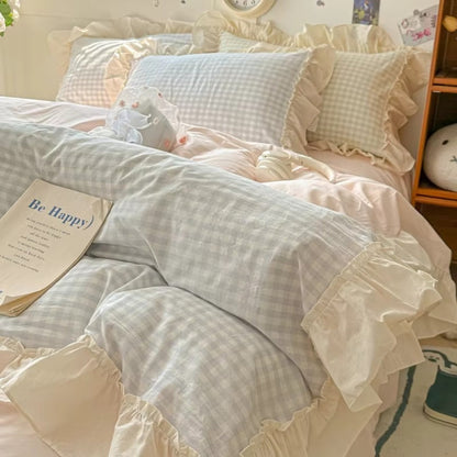 Bettwäsche Set kariert – Gingham Muster mit Rüschenkanten