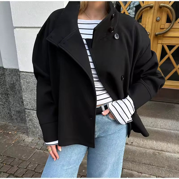 Damen Kurzjacke Mit Hohem Kragen Und Asymmetrischer Knopfleiste
