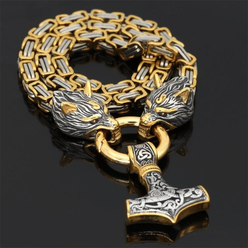 Wolfsköpfe und Mjolnir - Symbolische Halskette oder Armband für Männer